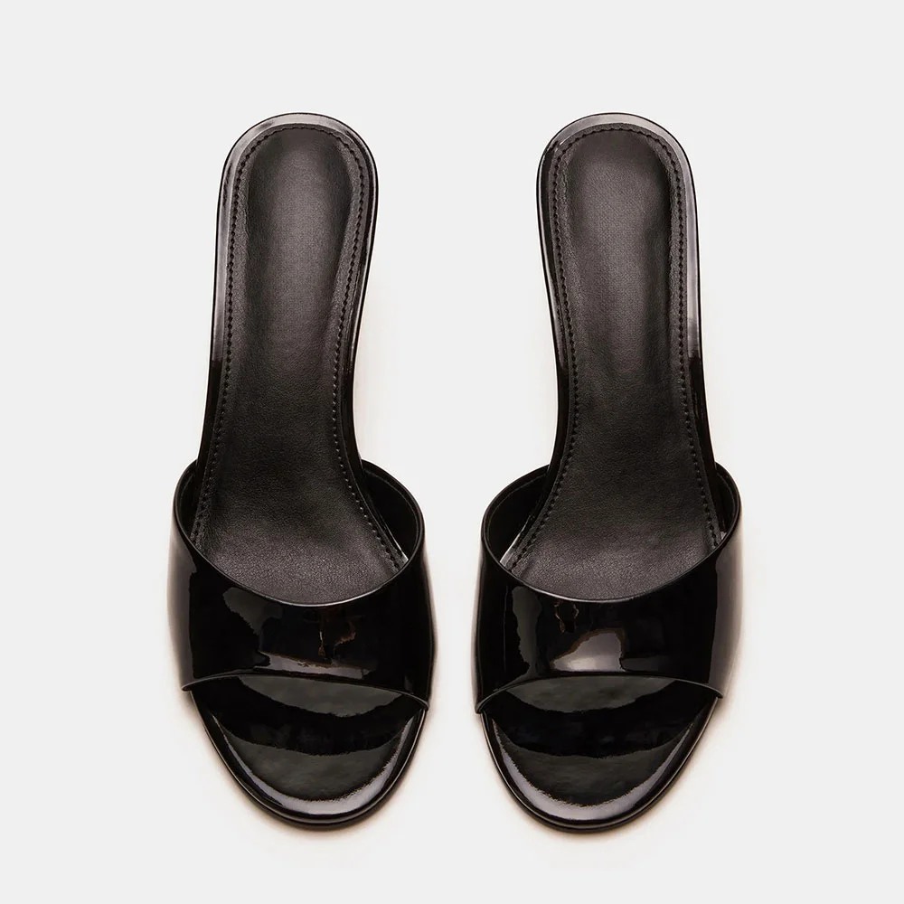 Classic Black Open Round Toe Stiletto Heel Slip On Mules Shoes