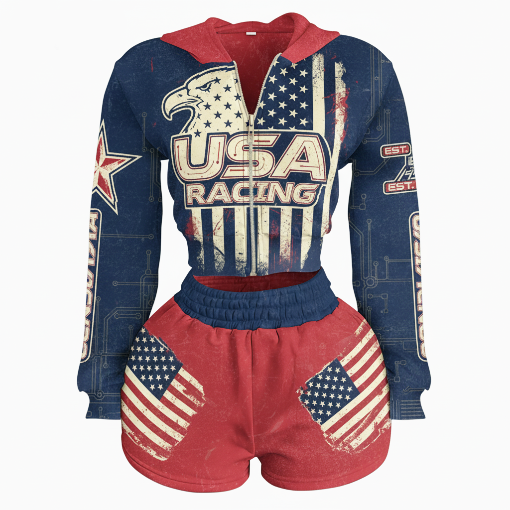 American Retro USA Stars And Stripes Short Hoodie Set - Helixace