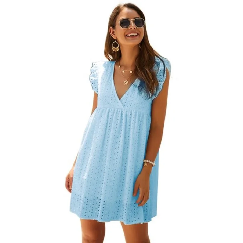 New Solid Hollow Out Short Dress Women New Sexy V Neck Butterfly Sleeve Hollow Lace Dress Casual Loose Summer Women A-Line Dress