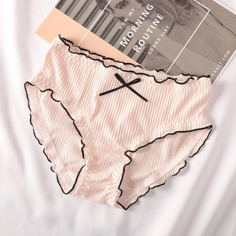 Billionm Japan Style Briefs Sexy Comfort Cotton Mid Waist Women Panties Lovely Bow Stripe Lingerie Solid Health Sleep Underwear