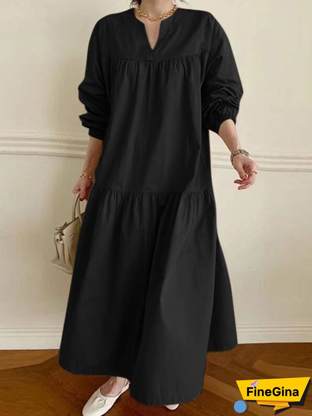 V-neck Loose Fitting Solid Color Dress