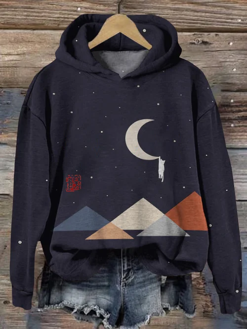 Comstylish Abstract Creative Cute Cat On The Moon Painting Art Print Hoodie