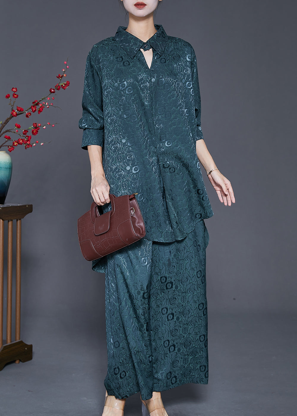 VCSHOES Blackish Green Peter Pan Collar Jacquard Silk Two Pieces Set Fall