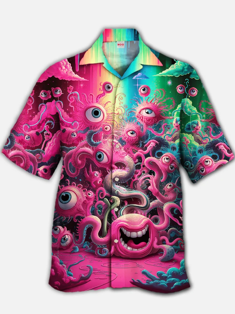 Eye-Catching Psychedelic Colorful Undersea Monsters Printing Cuban Collar Hawaiian Short Sleeve Shirt BestDVibe