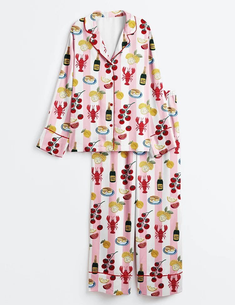 Women&rsquo;s Lobster Champagne Lemon Cake Tomatoes And Pomegranates Summer Vibes Girls Trip Bachelorette Long Sleeve Satin Pajama Set