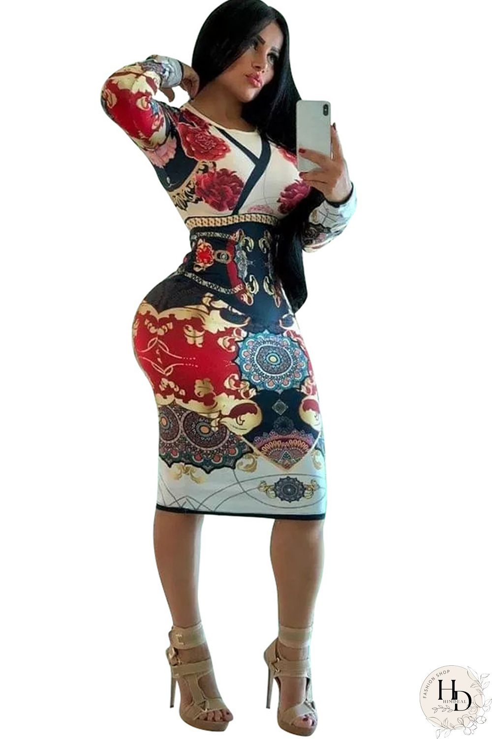 Blue Milk. Europe and America Cap Sleeve Long Sleeves O neck Pencil Dress Mid-Calf Patchwork Print Club