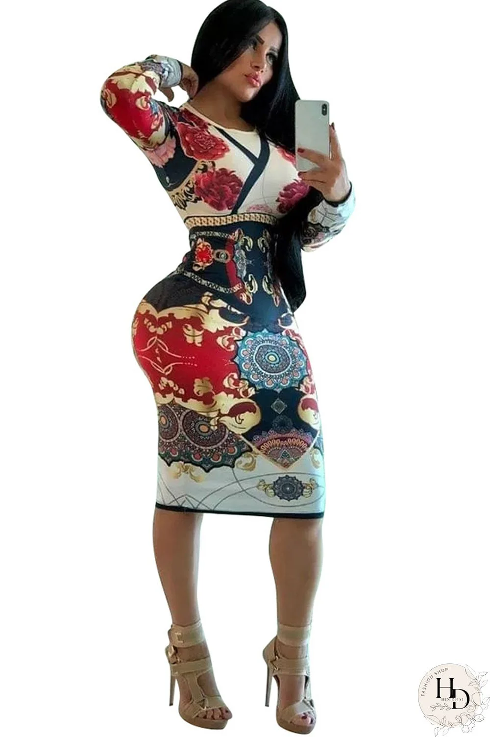 Blue Milk. Europe and America Cap Sleeve Long Sleeves O neck Pencil Dress Mid-Calf Patchwork Print Club