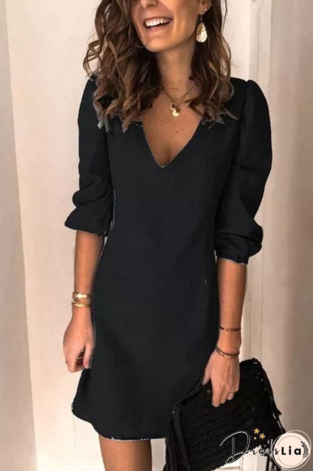 Puff Sleeve Simple Denim Dress