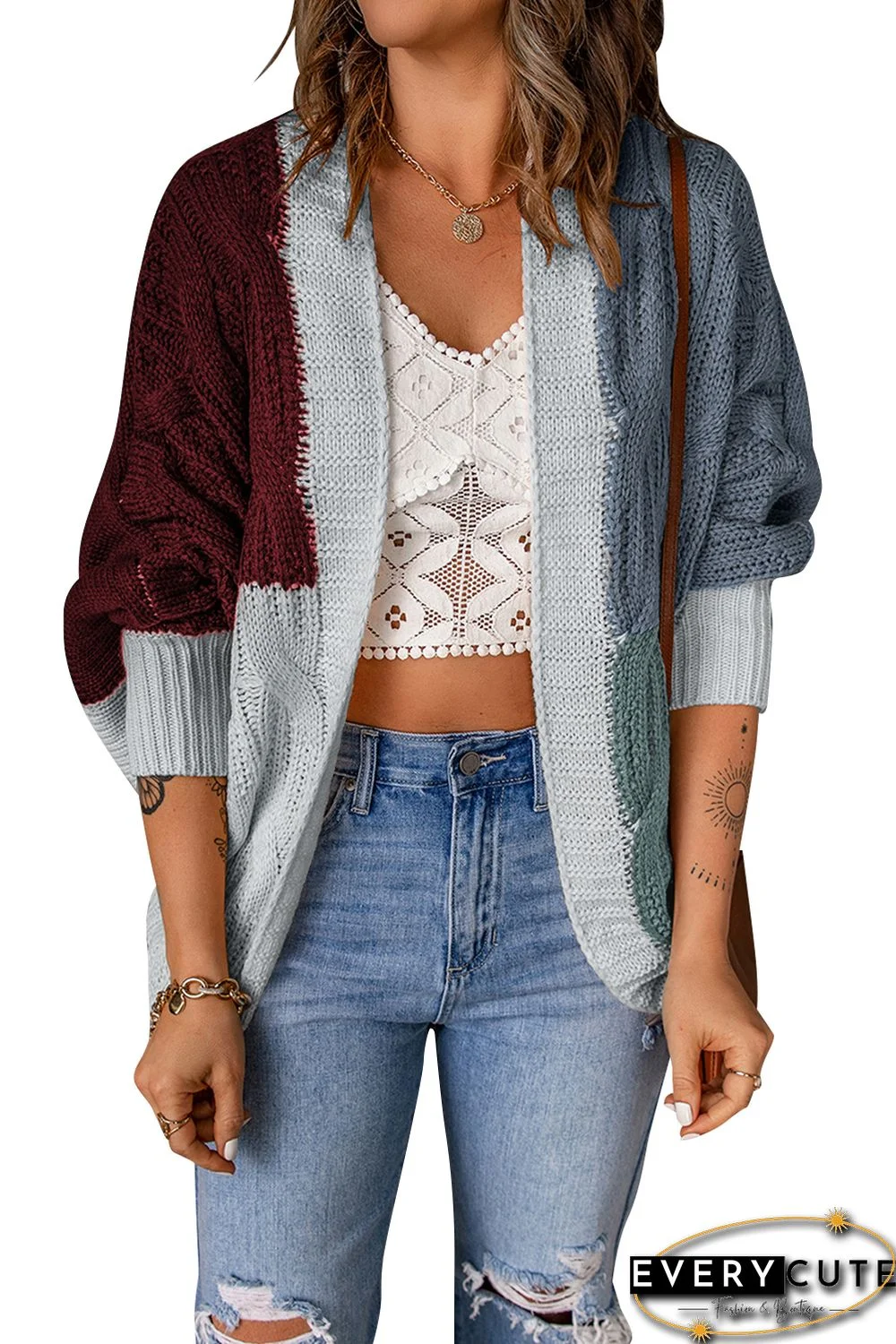 Red Color Block Loose Open Front Knitted Cardigan