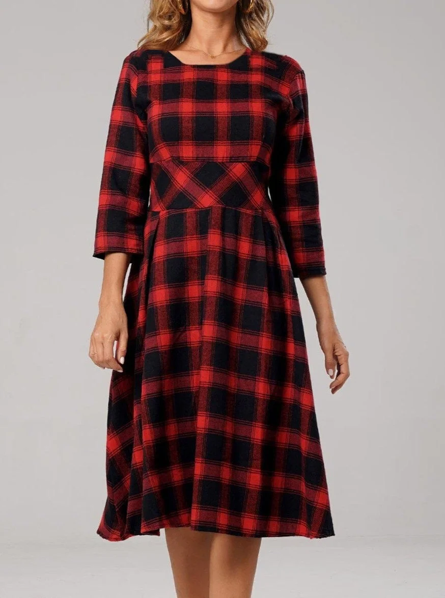 Casual Plaid Crew Neck Long Sleeves Shift Dress | EGEMISS