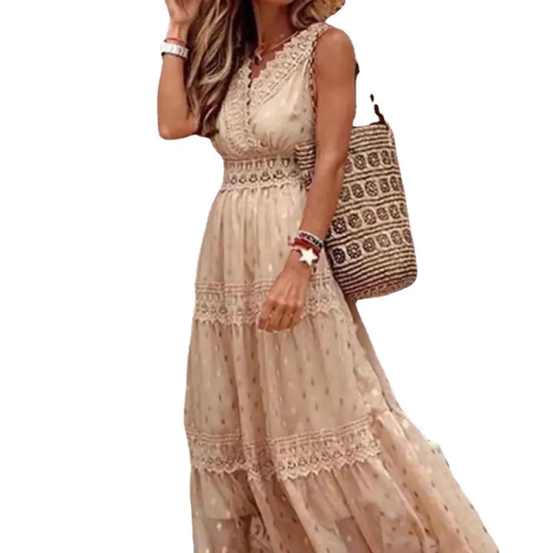 Uveng Uveng New Women's Dress Wish Sexy Deep V Sleeveless Chiffon Dress Splicing Mid-Long Dress