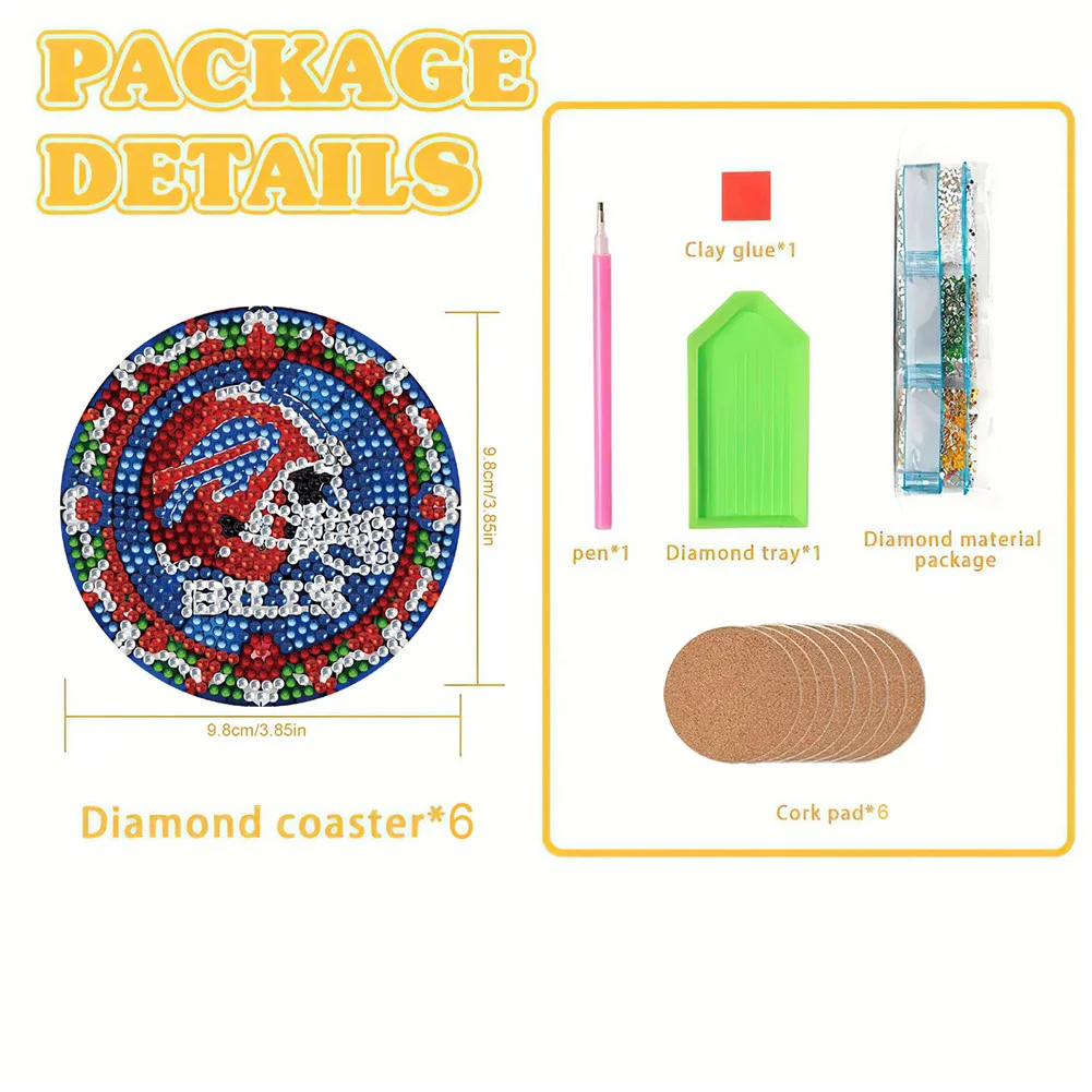 Buffalo Bills 6pcs DIY Diamond Painting Acrylic Coasters Holder for Beginner Adult