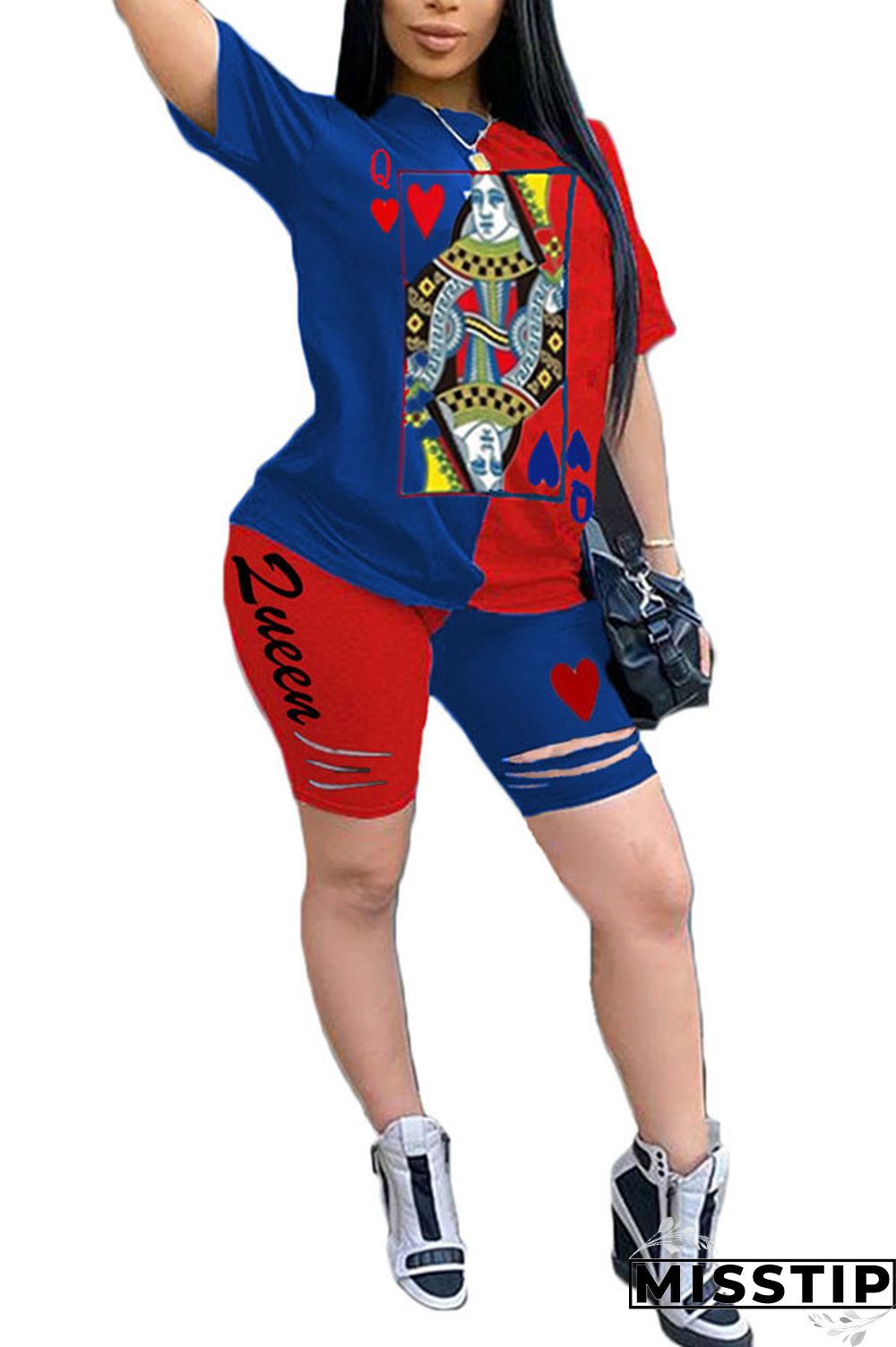 Blue venetian Fashion Casual Patchwork Print Two Piece Suits pencil Short Sleeve Two Pieces