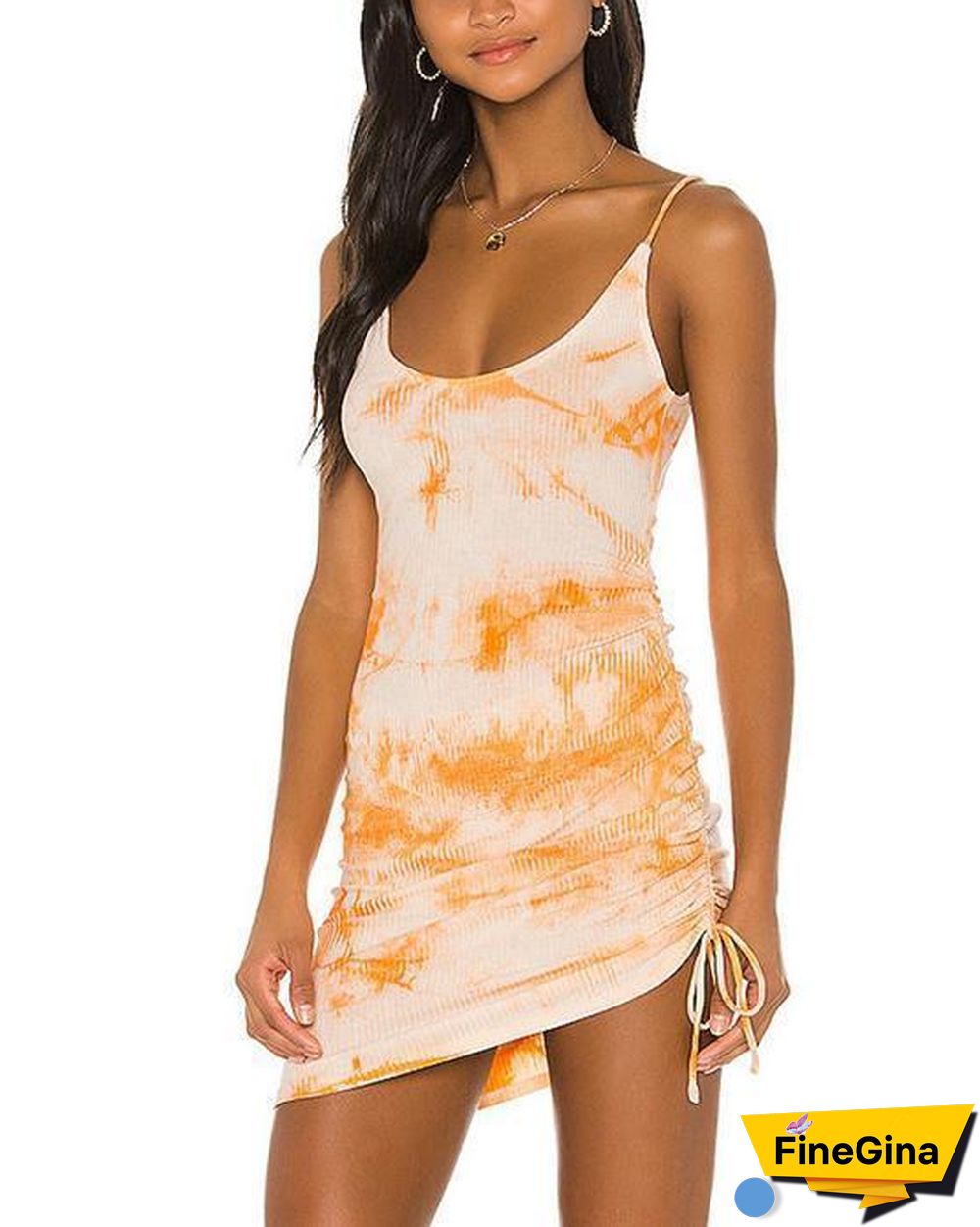 Drawstring Ruched Side Rib-knit Tie Dye Dress
