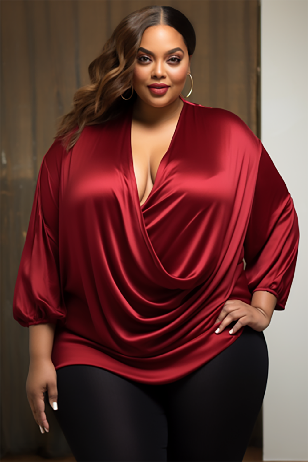 Design Plus Size Daily Burgundy Cowl Neck 3/4 Sleeve Fold Satin Tops [Pre-Order]