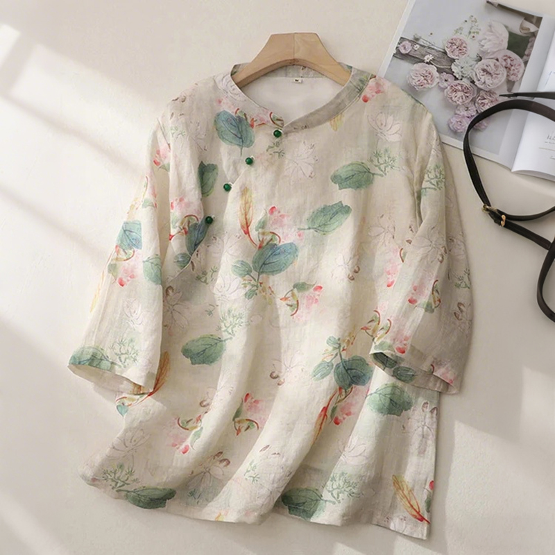 Women's Lotus Art Linen Blend Blouse elevenforest