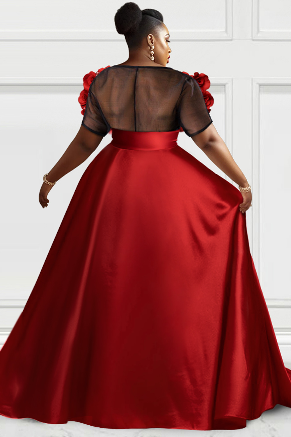 Design Plus Size Formal Elegant Red Spring Summer Round Neck Short Sleeve 3D Satin Two Piece Skirt Sets [Pre-Order]