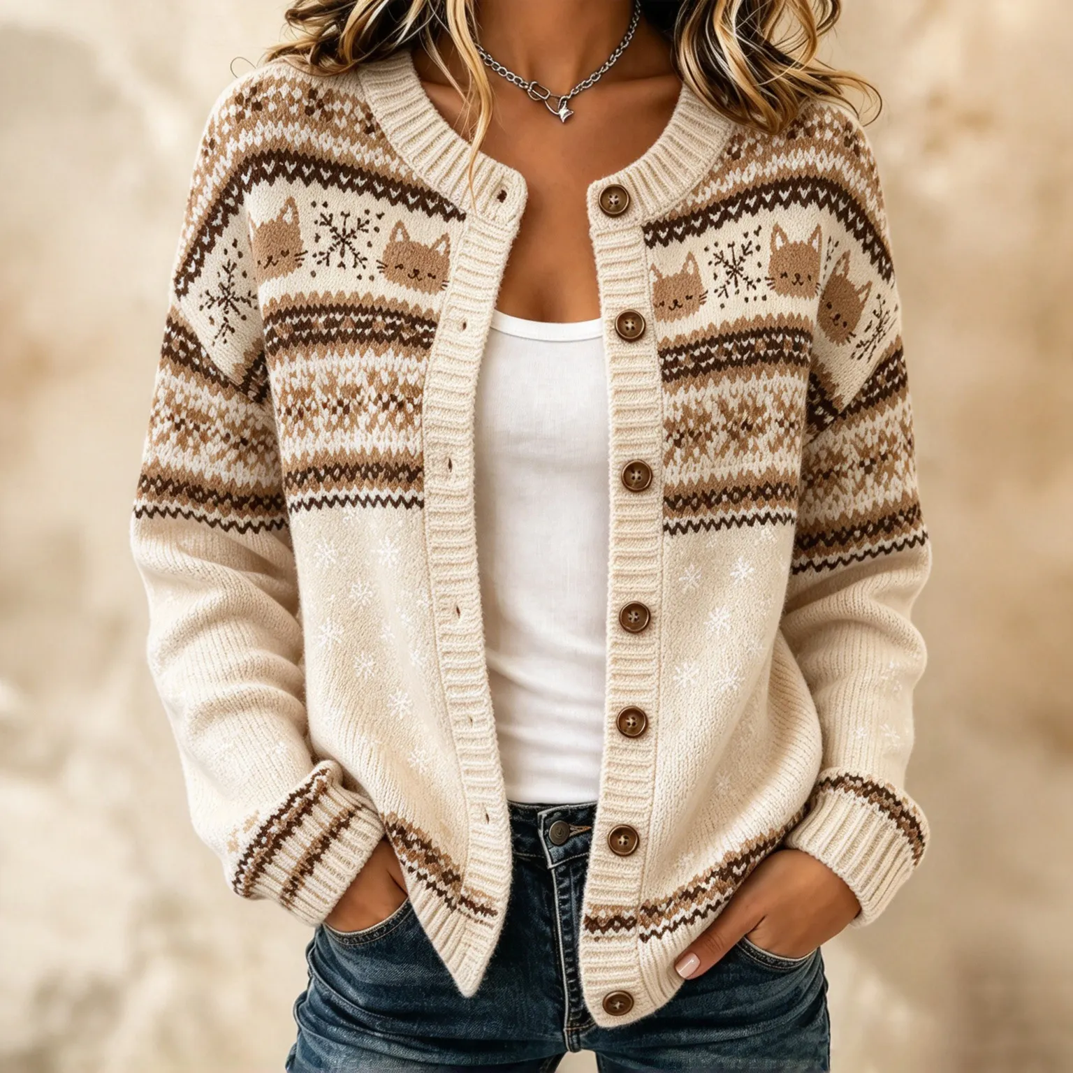 Comstylish Women's Vintage Cat Print Knit Cardigan Sweater