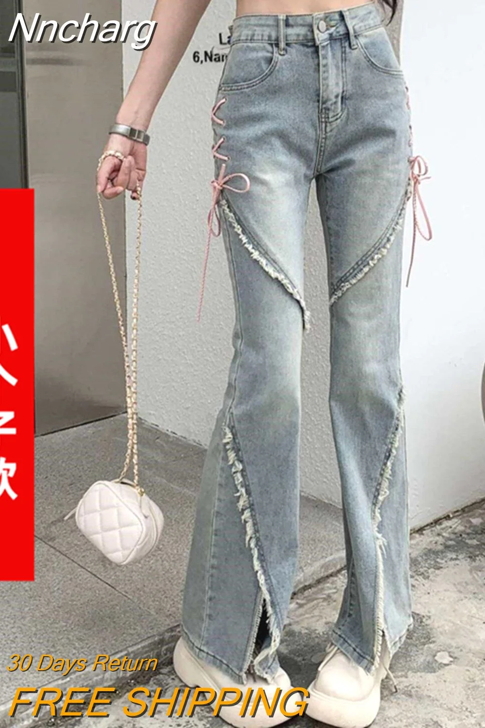 Nncharge Split Jeans Women Pink Bandage High Waist Irregular Spliced Denim Pants Zipper Fly Trousers Y2k Pantalon Femme