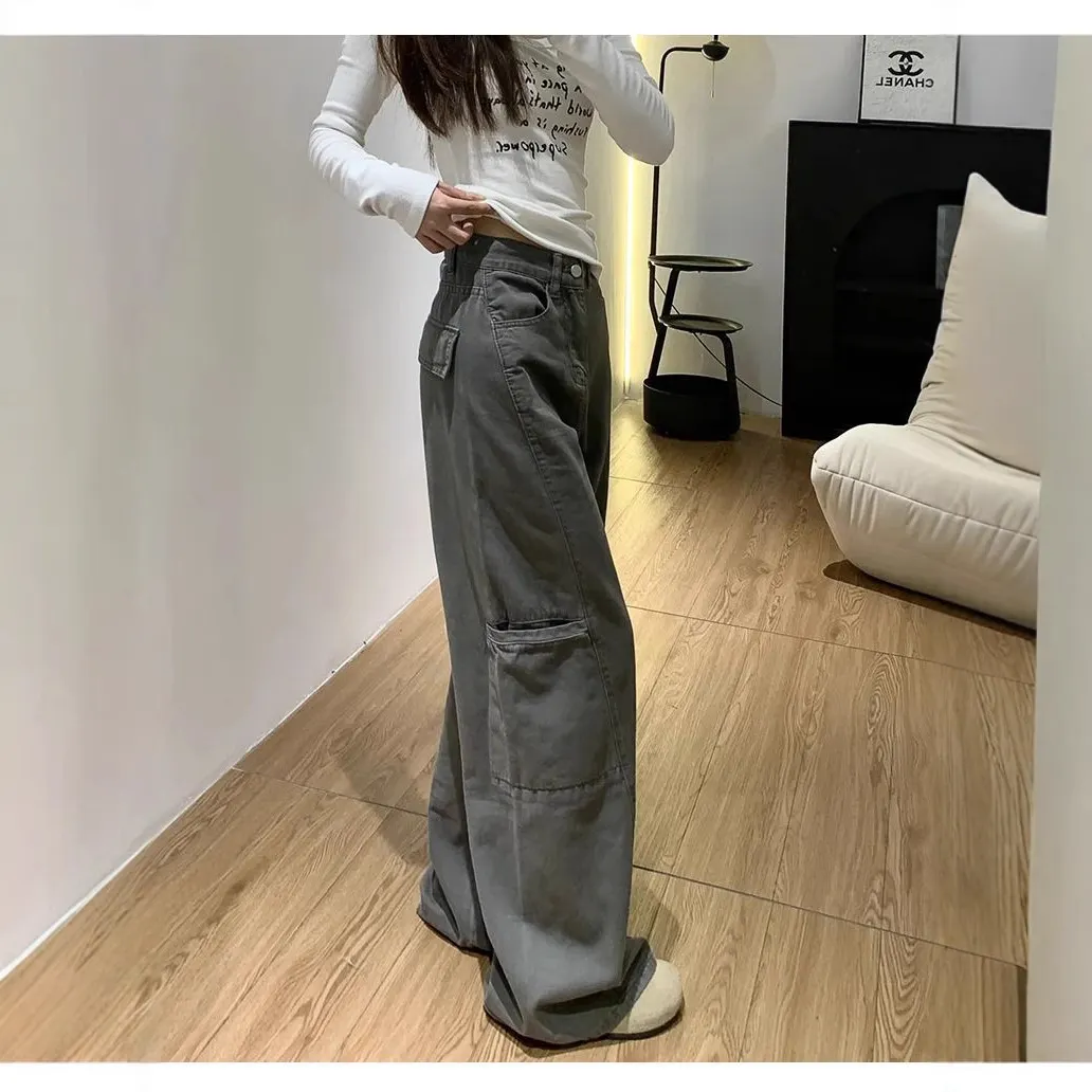 Women's Dark Grey Washed Oversized Side Patch Pocket Baggy Cargo Wide Leg Denim Trousers