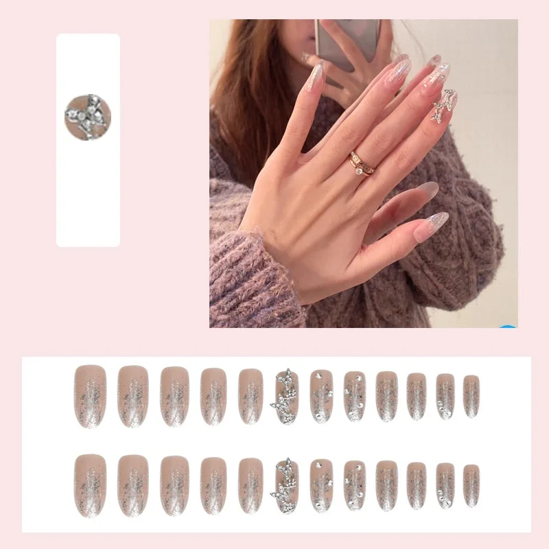 24PCS Nails free shipping Shiny Butterfly Nail Patch whit jelly glue Removable Paragraph Fashion Manicure press on  False Nails-Nail Inspo