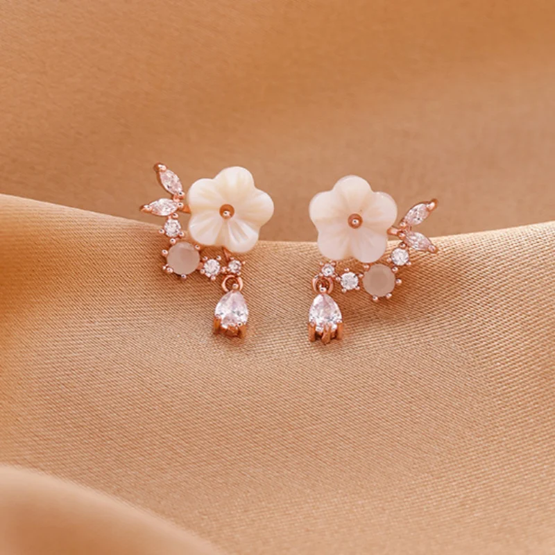 Flower Rose Gold White Petal Earrings