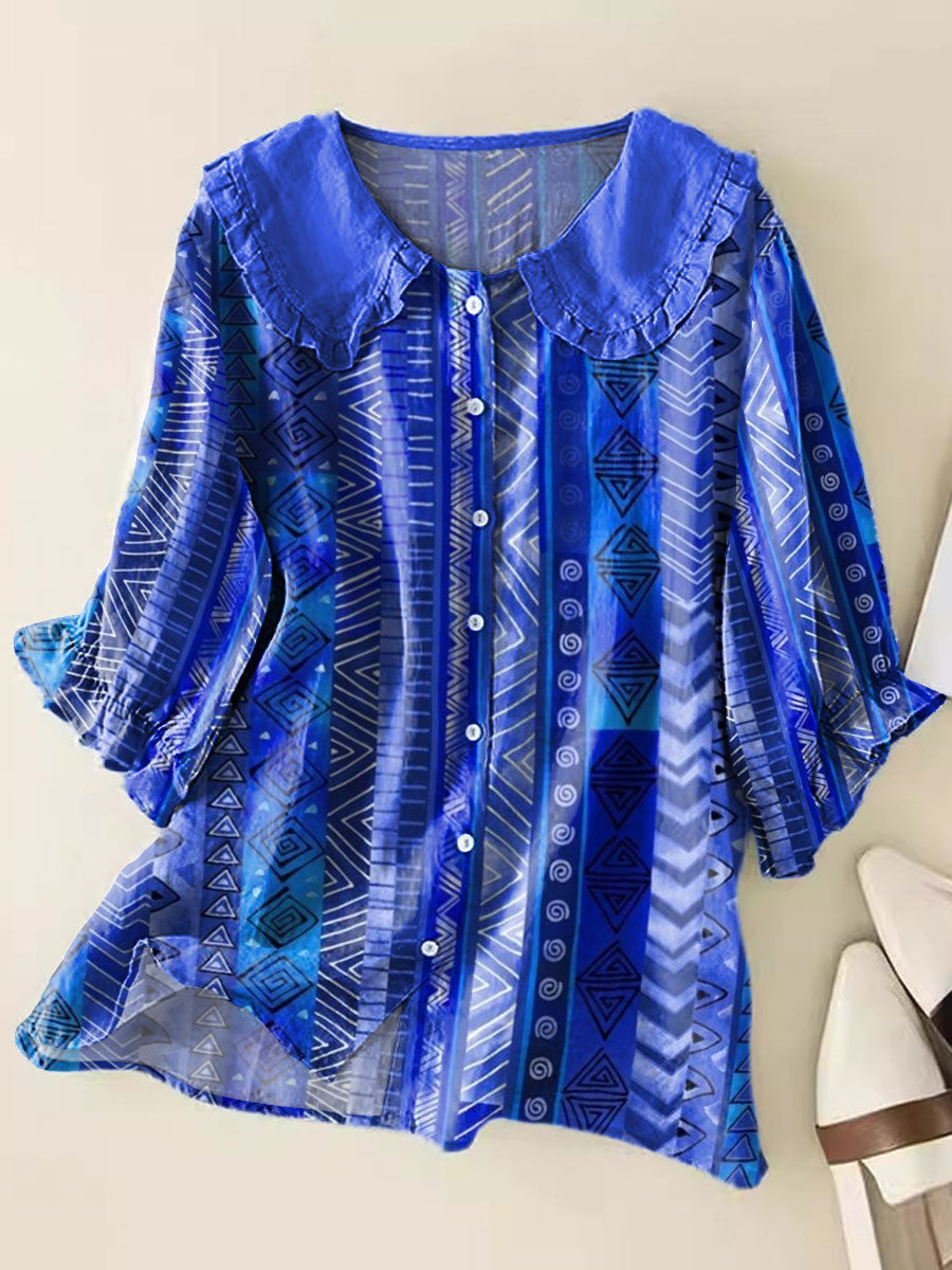 Women's Vintage Colorblock Geometric Art Print Loose Peter Pan Collar Half Sleeve Blouses