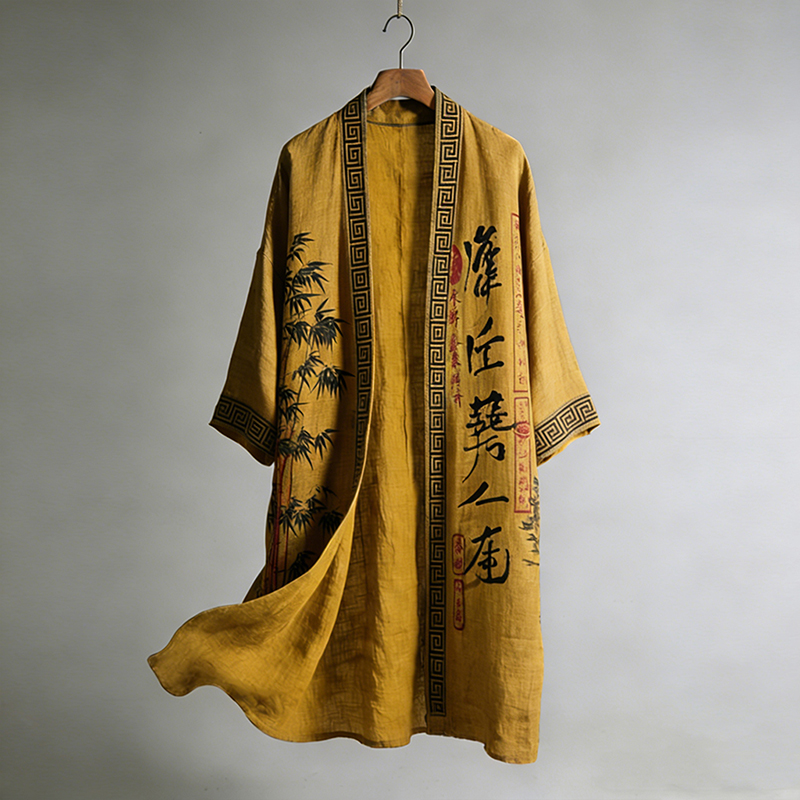 Men's Japanese Bamboo Calligraphy Linen Long Kimono  artssus
