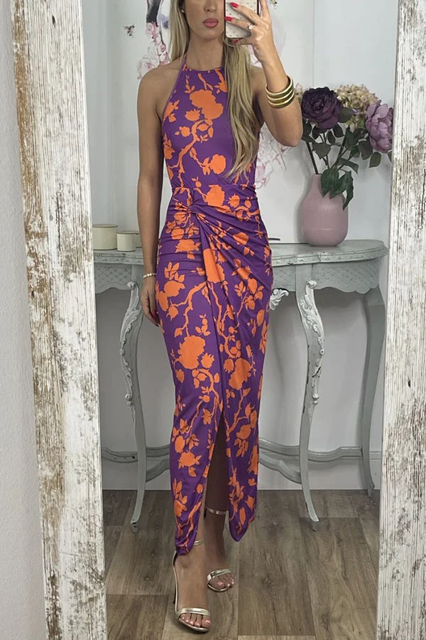 Thief of My Heart Floral Wrap Slit Halter Stretch Maxi Dress