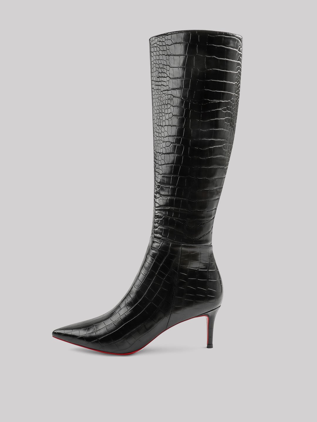 60mm Women's Stylish Zipper Crocodile Pointed Toe Red Bottoms Pumps High Heels Knee Boots