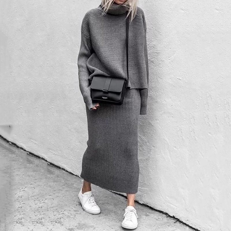 Casual Loose Knit Sweater Fashion Long Skirt Two Piece Suit