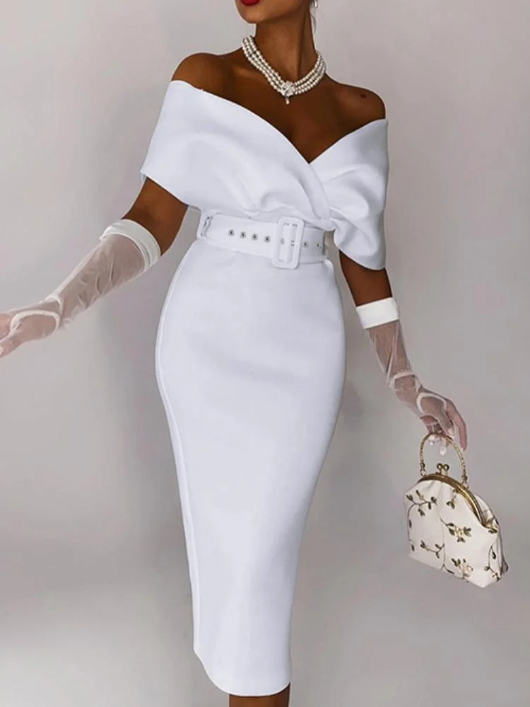 Neosepa-Elegant Off Shoulder Half Sleeve Slim Waist Belted Plain Bodycon Dress