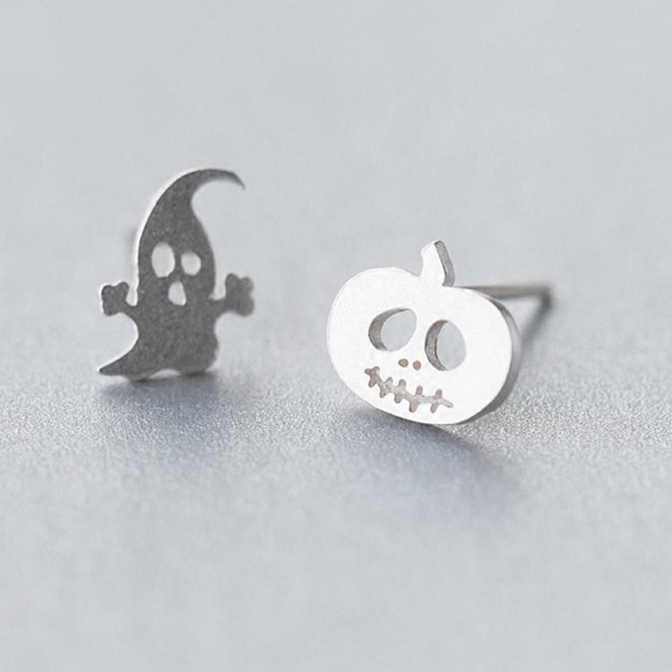 Ghost Pumpkin Asymmetrical 925 Sterling Silver Stud Earrings - Modakawa Modakawa