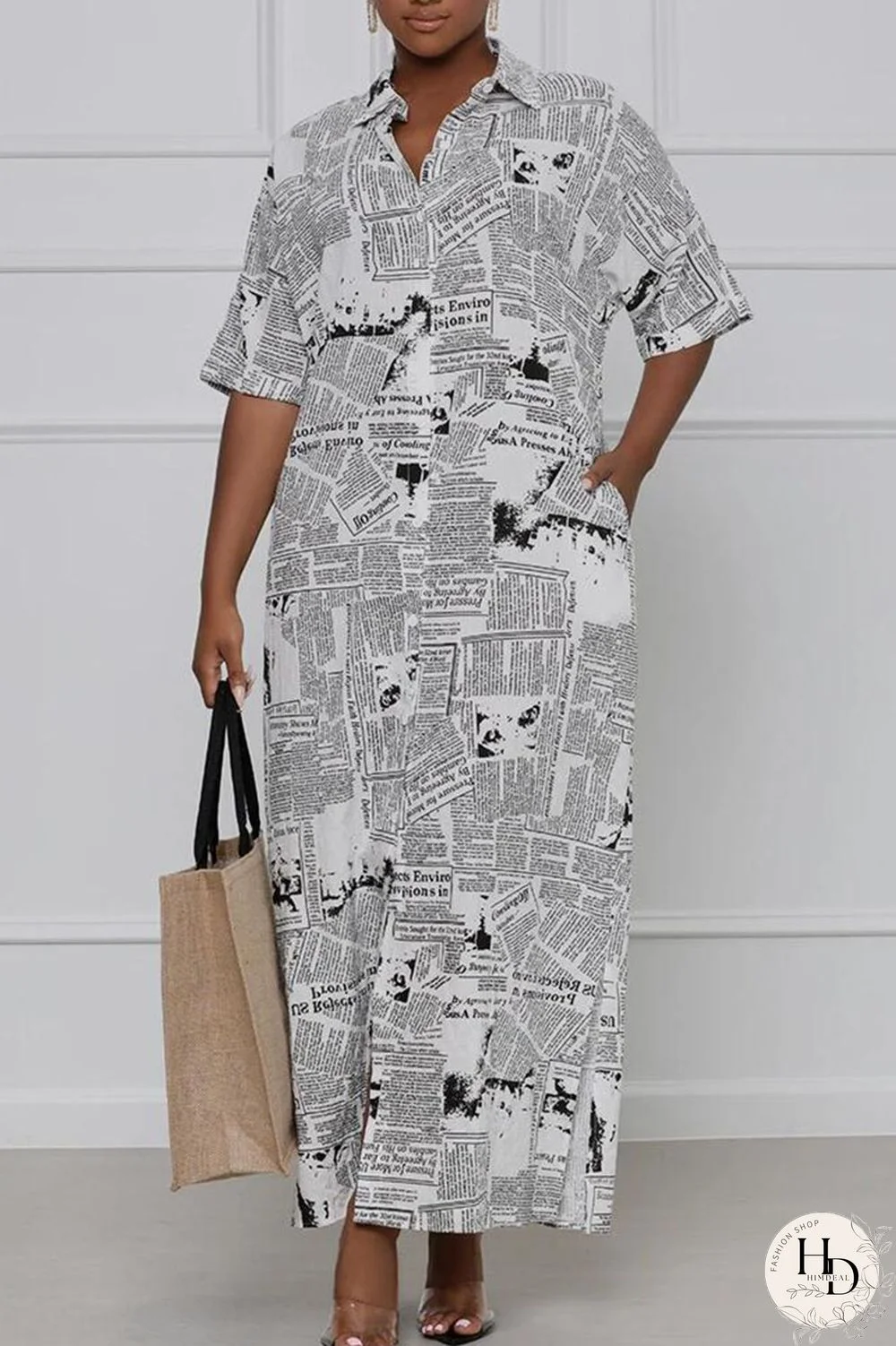 White Casual Print Split Joint Turndown Collar Shirt Dress Dresses
