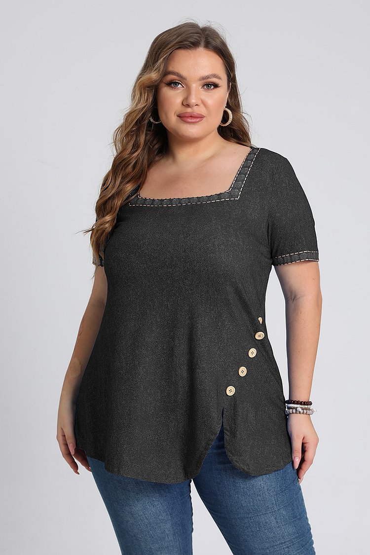 Plus Size Square Neck Decorative Button Solid Short Sleeve Casual Blouses  Flycurvy [product_label]