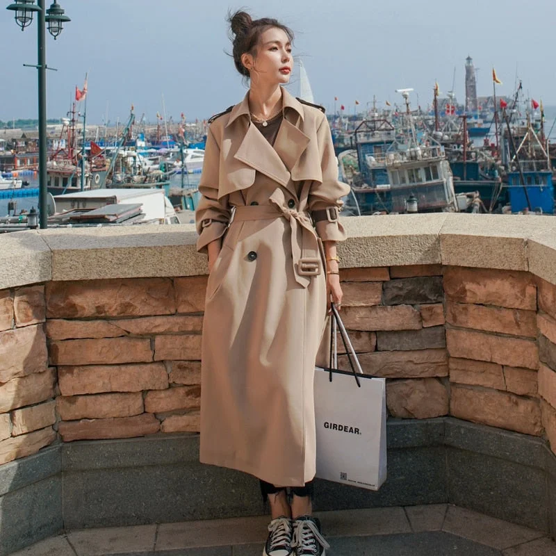 England Style Women Trench Coat Long Double-Breasted with Belt Female Outerwear Spring Autumn Lady Clothes Loose Oversize