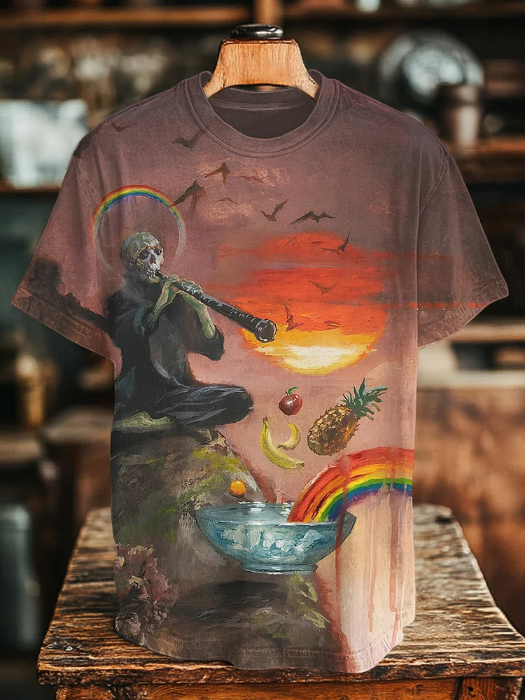 Men's Tropical Fruit Skull Rainbow Hippie Art Print Casual T-Shirt