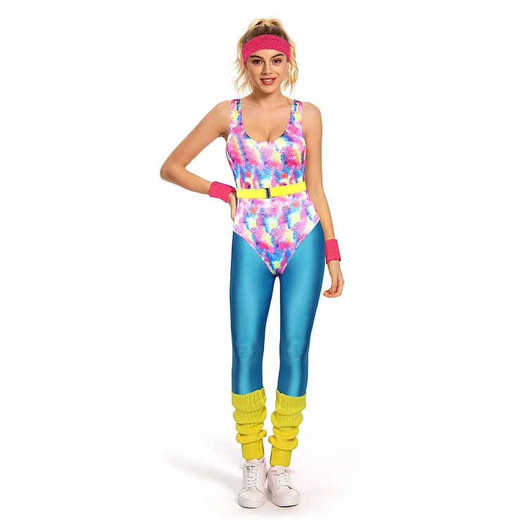 Adult Women Retro 80s Bodysuit Outfits Costume Fitness Wear Workout Clothes