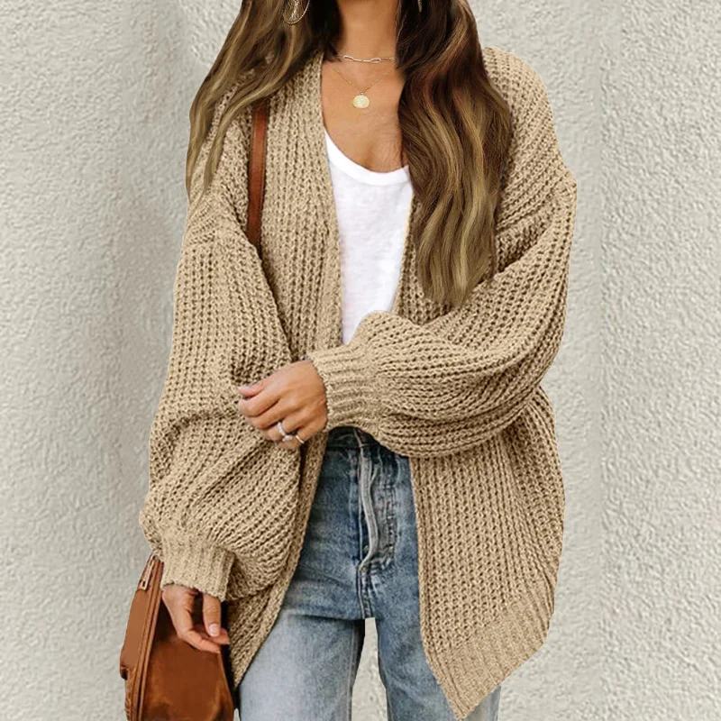 Lantern Sleeve Thick Pocket Knitted Sweater Cardigan