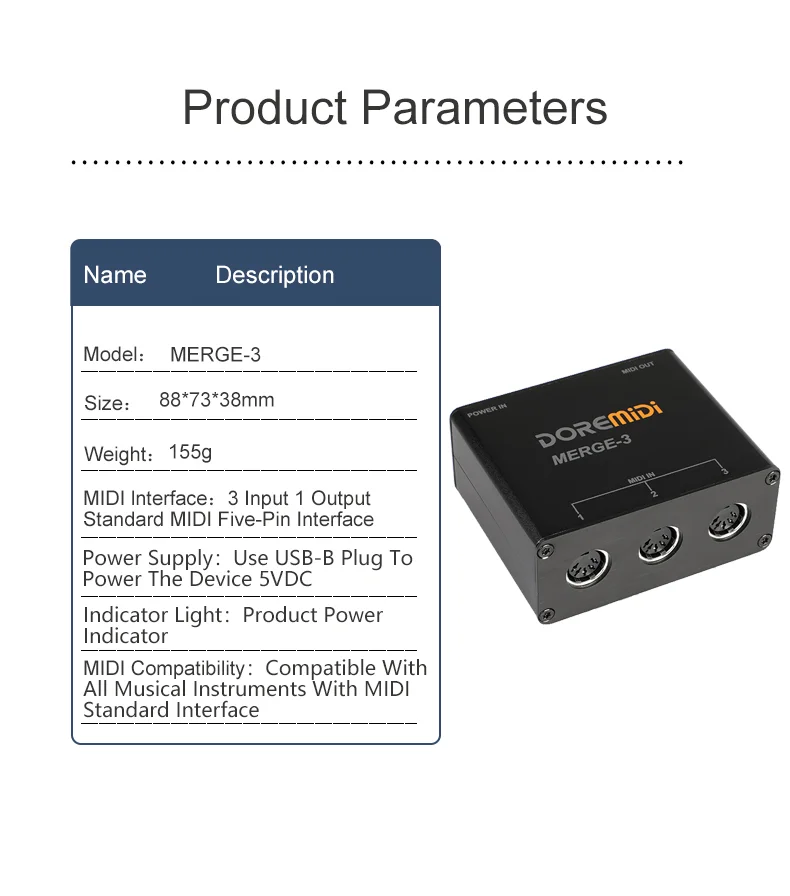 DOREMiDi MIDI Merger-3 MIDI Input 2 MIDI Output Support USB Power