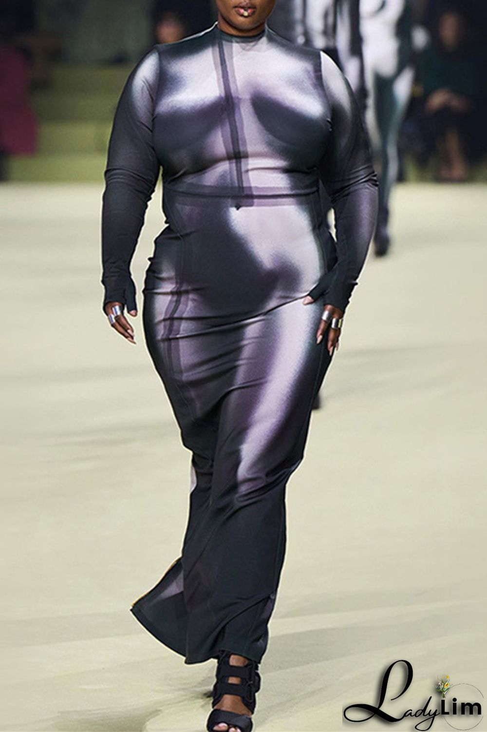 Black Fashion Casual Print Slit O Neck Long Sleeve Dresses