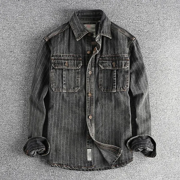 Men's Vintage Washed Striped Flap Pocket Slim Fit Long Sleeve Denim Shirt