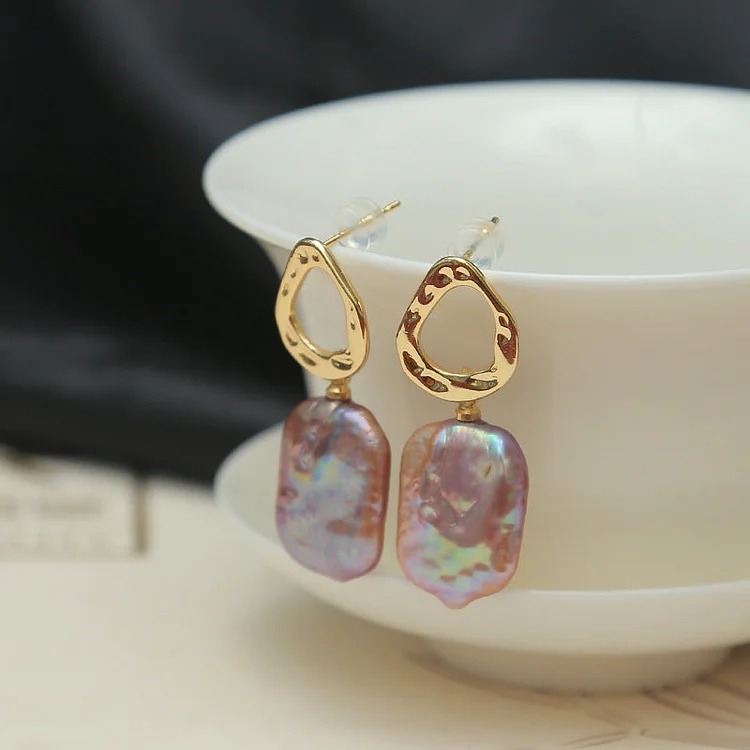 925 Silver Natural Square Baroque Pearl Earrings