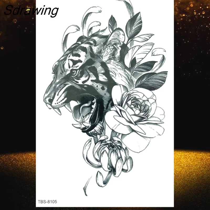 Sdrawing Wolf Tiger Owl Tatoo Sticker 3D Black Animal Tattoo For Men Women Kids Hot Sale Monster Flower Disposable Temporary Tattoo