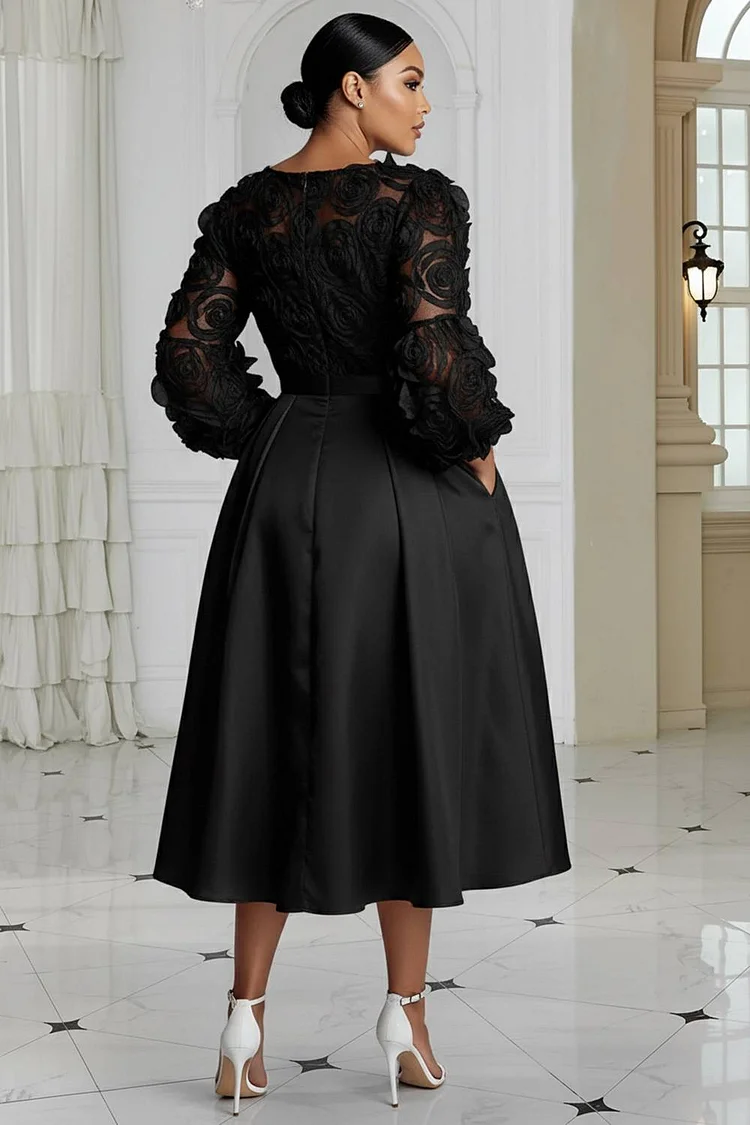 Xpluswear Design Plus Size Wedding White Round Neck 3/4 Sleeve 3D Elegant Pocket Satin Midi Dresses, image size:750x1125