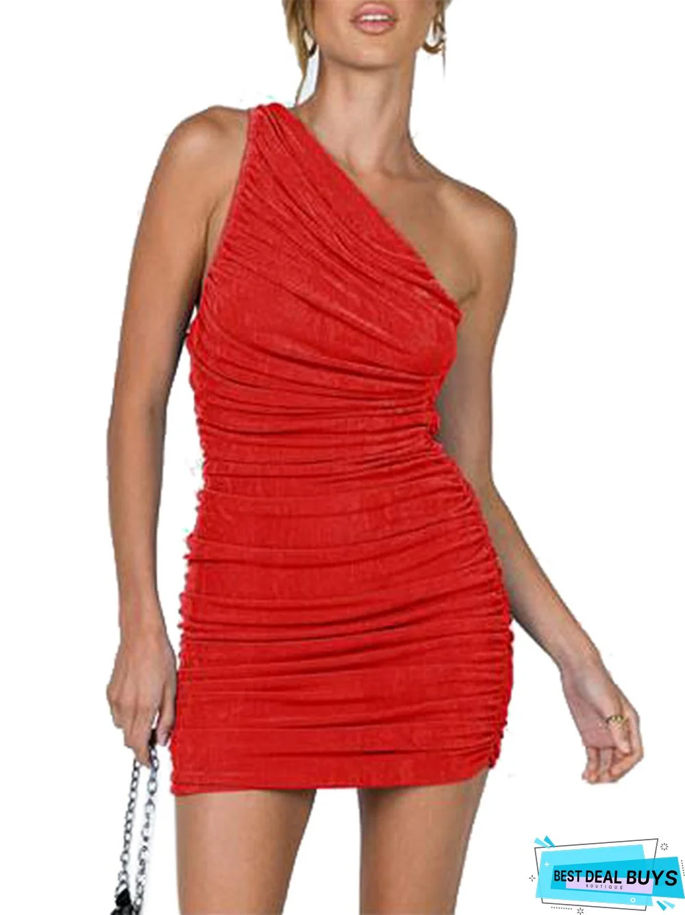 Solid Color Sexy Trend Diagonal Shoulder Pleated Dress Hip Wrap Skirt