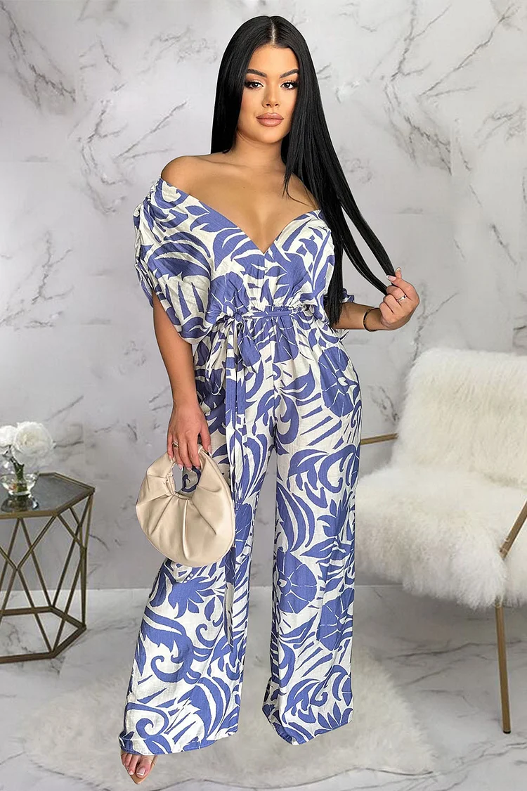 Wide V Neck Bat-Wing Sleeve Boho Print Cinched Vacay Wide Leg Jumpsuit-Blue