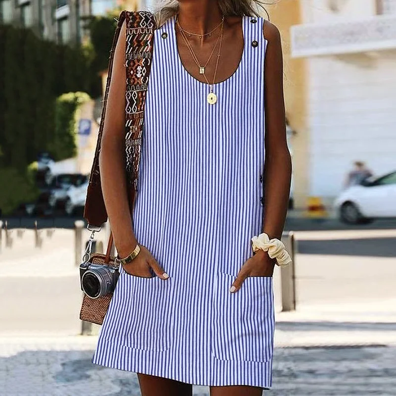 Women's Summer Crew Neck Striped Print Pockets Mini Dress