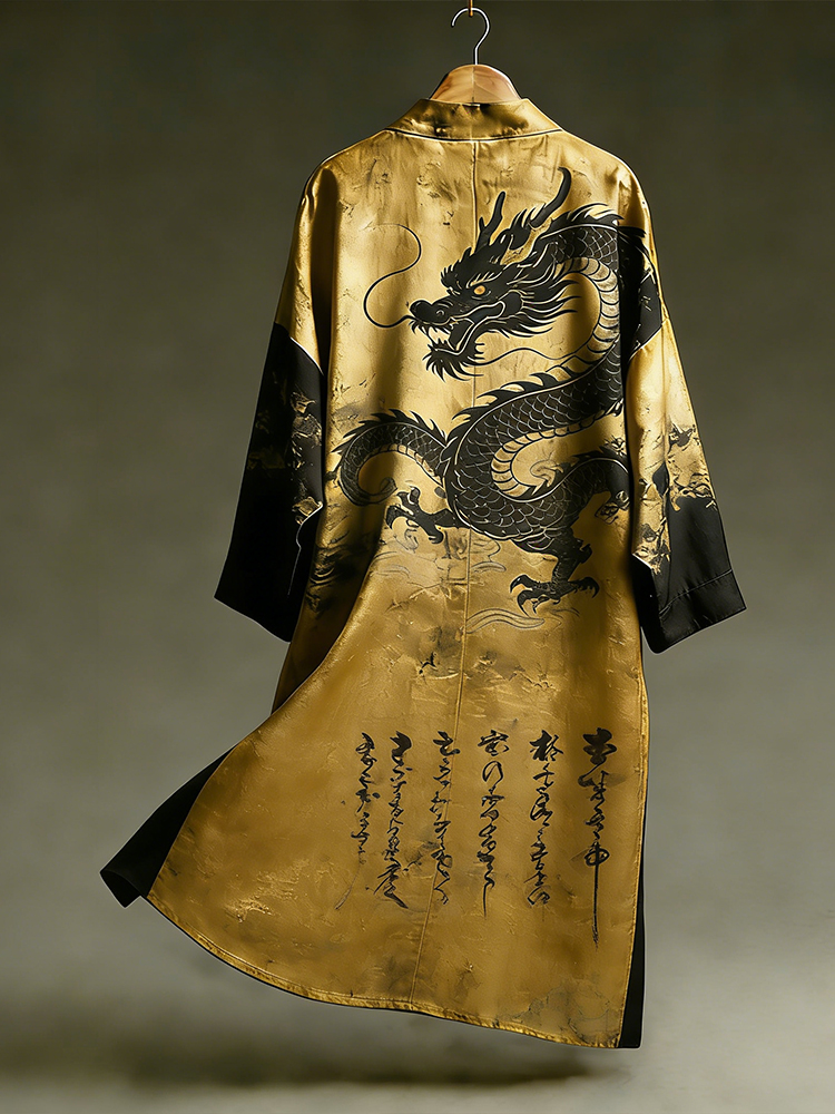 Japanese Style Dragon Totem And Ocean Print Flowing Kimono  artssus