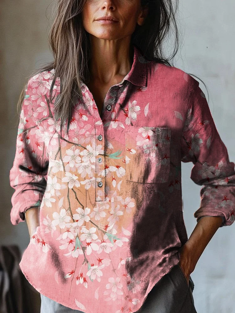 Women's Japanese Crane Cherry Blossom Art Print Casual Cotton and Linen Shirt